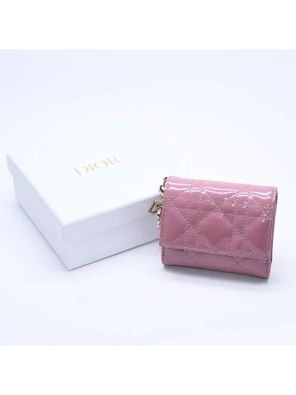 Dior Lady Lotus Wallet Patent Calfskin Cannage Pink Trifold